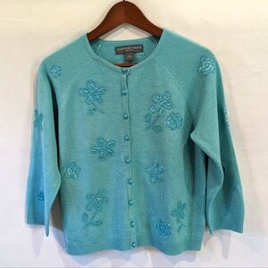 Vintage Josephine Chaus Beaded Embellished Blue Floral Beaded Cardigan Size MP